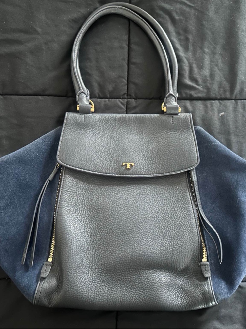 Tory Burch ‘Half Moon’ Black Leather/Blue Suede Satchel